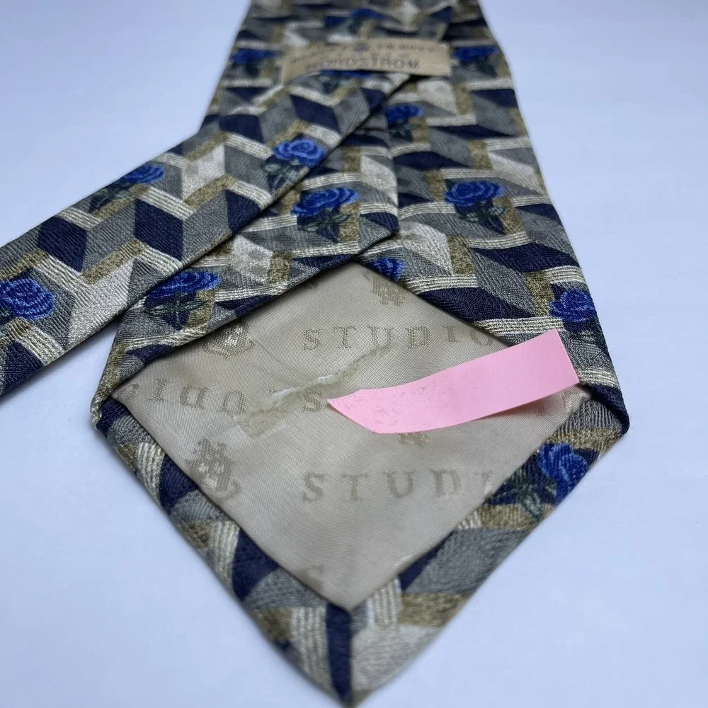 Robert Talbott‎ Nordstrom Men's Silk Necktie Designer Geometric Gold Blue Roses